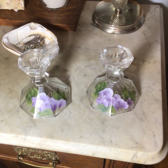 Pair of Hand Painted Cut Glass Candlesticks in purple floral 4” w x 4” h